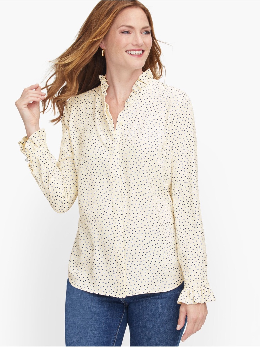 Ruffle Neck Long-Sleeve Polka Dot Top - Cream/Black
